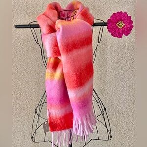 New J Crew Red Pink Orange Yellow Preppy Striped Wool Blend Fringe Scarf